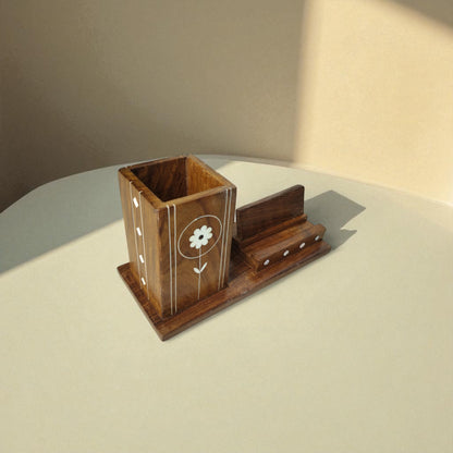 SacredFig Pen and Mobile Holder| Organizer for Desk| Inlaid Detailed Work | 7 × 3 in