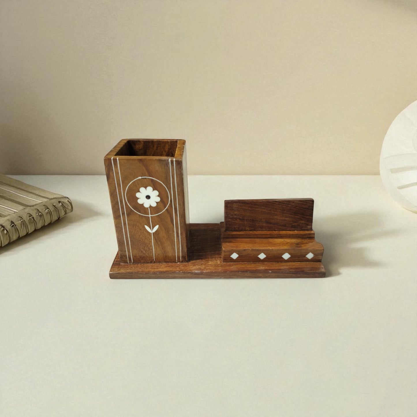 SacredFig Pen and Mobile Holder| Organizer for Desk| Inlaid Detailed Work | 7 × 3 in