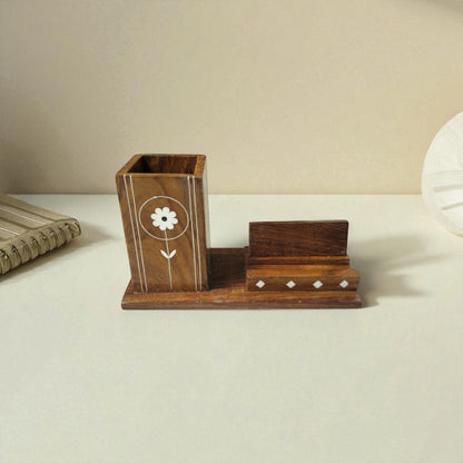 SacredFig Pen and Mobile Holder| Organizer for Desk| Inlaid Detailed Work | 7 × 3 in