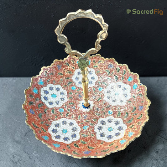 SacredFig Handcrafted Brass Bowl with Red Meenakari Design & Decorative Handle (10 x 7 In) – Vintage Style Serving Bowl