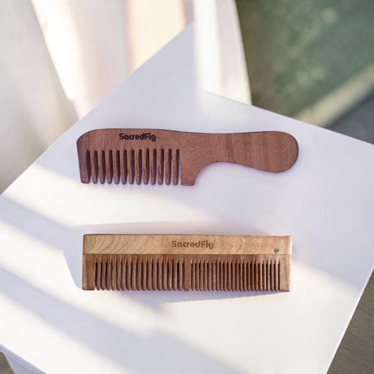 SacredFig Neem Wood Hair Comb Set of 2