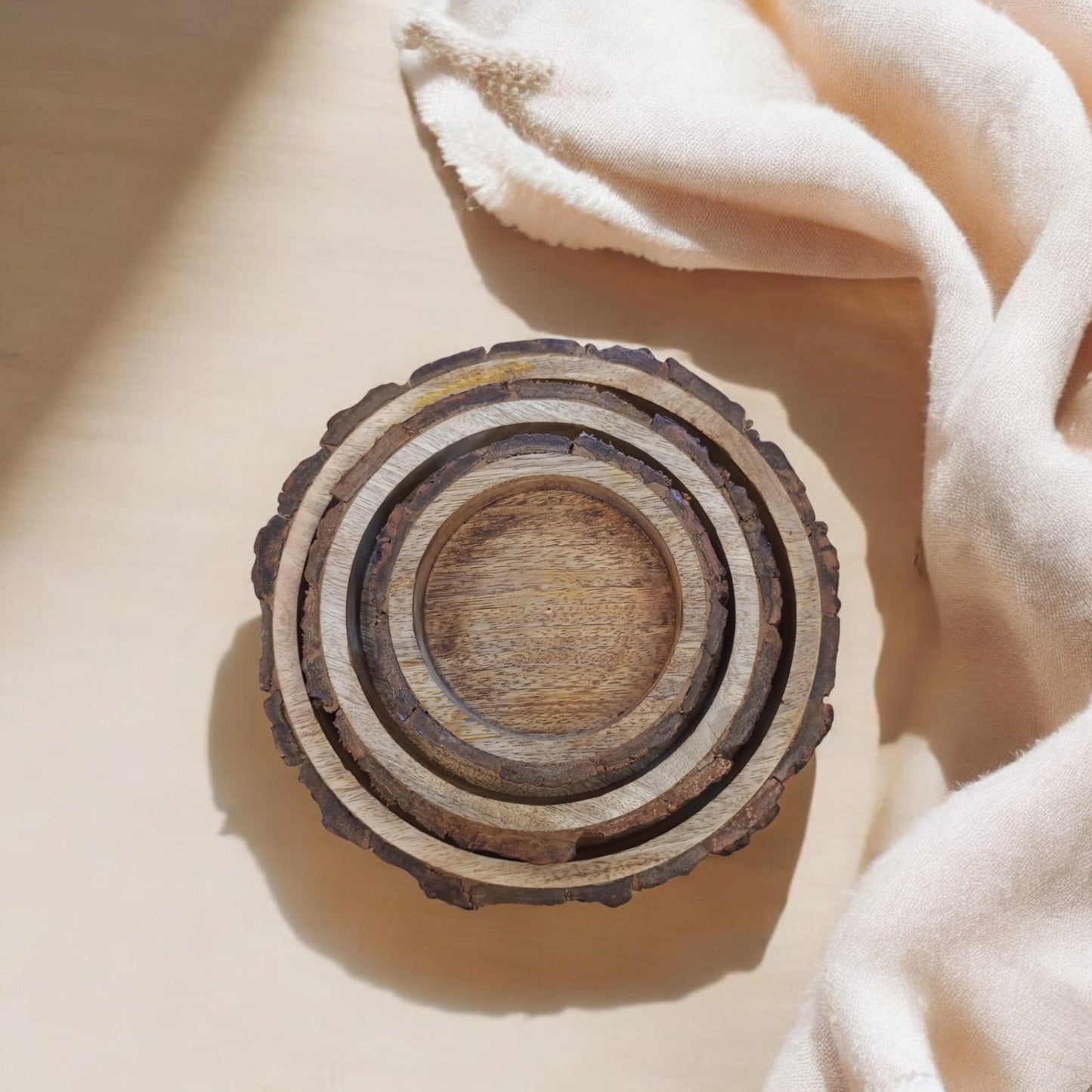 SacredFig Rustic Mango Round Wood Trays| Set of 3 Serving and Decorative Trays | S,M,L sizes