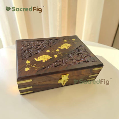 SacredFig Sheesham Wood Gift Box | Elephant Carving Design | Handcrafted Storage Box