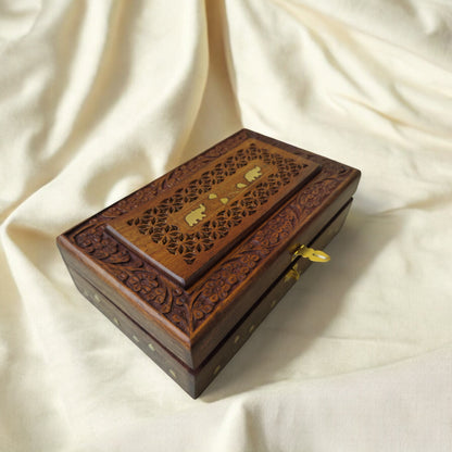 SacredFig Handcrafted Wooden Jewellery Box – 10x6 Inch | Floral Cut Carving Design | Elegant Storage & Organizer for Keepsakes