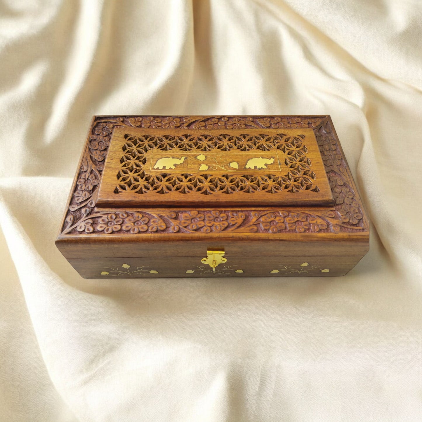 SacredFig Handcrafted Wooden Jewellery Box – 10x6 Inch | Floral Cut Carving Design | Elegant Storage & Organizer for Keepsakes