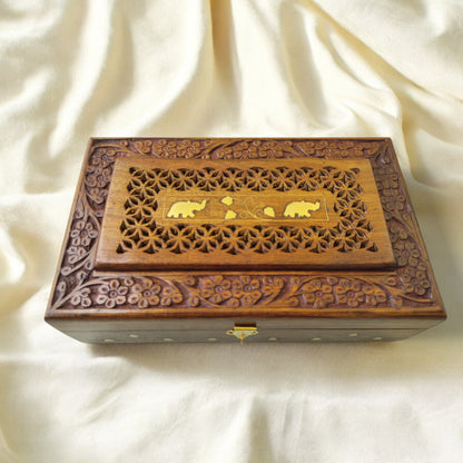 SacredFig Handcrafted Wooden Jewellery Box – 10x6 Inch | Floral Cut Carving Design | Elegant Storage & Organizer for Keepsakes