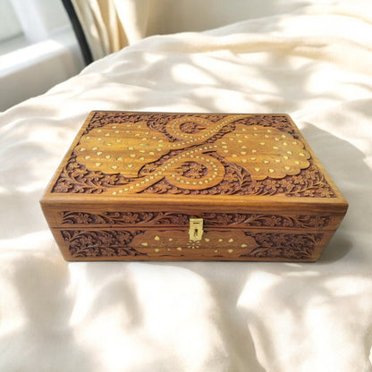 SacredFig Luxe Jewellery Box – 15x10 Inch | Brass-Inlaid Infinity Flower Design | Handcrafted Heirloom Organizer