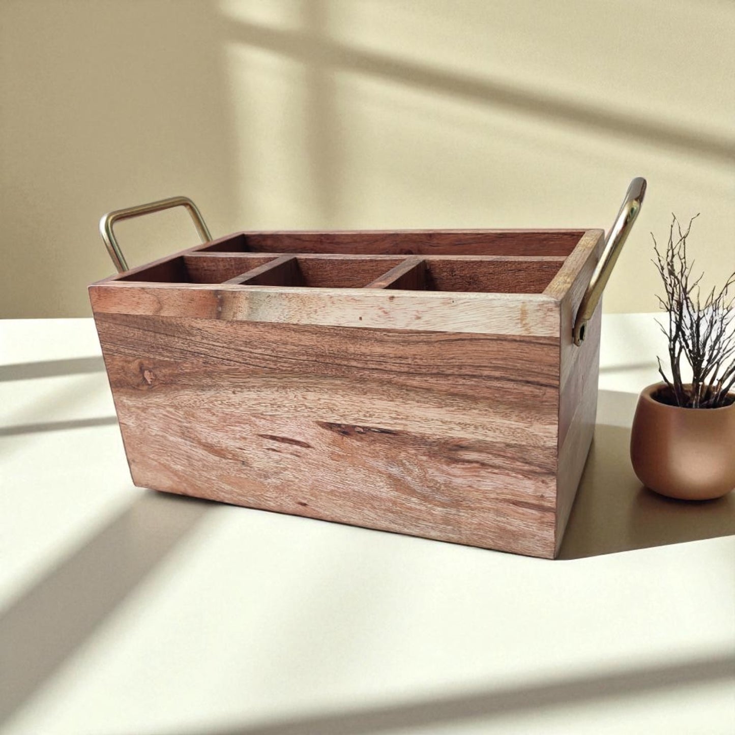 SacredFig Wooden Desk Organizer – 10x6 Inch | 4 Compartments | Handcrafted for Office & Study Essentials
