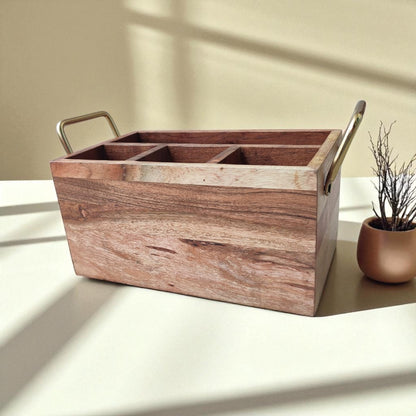 SacredFig Wooden Desk Organizer – 10x6 Inch | 4 Compartments | Handcrafted for Office & Study Essentials