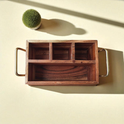 SacredFig Wooden Desk Organizer – 10x6 Inch | 4 Compartments | Handcrafted for Office & Study Essentials