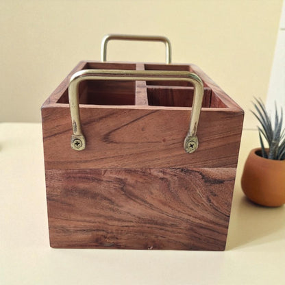 SacredFig Wooden Desk Organizer – 10x6 Inch | 4 Compartments | Handcrafted for Office & Study Essentials