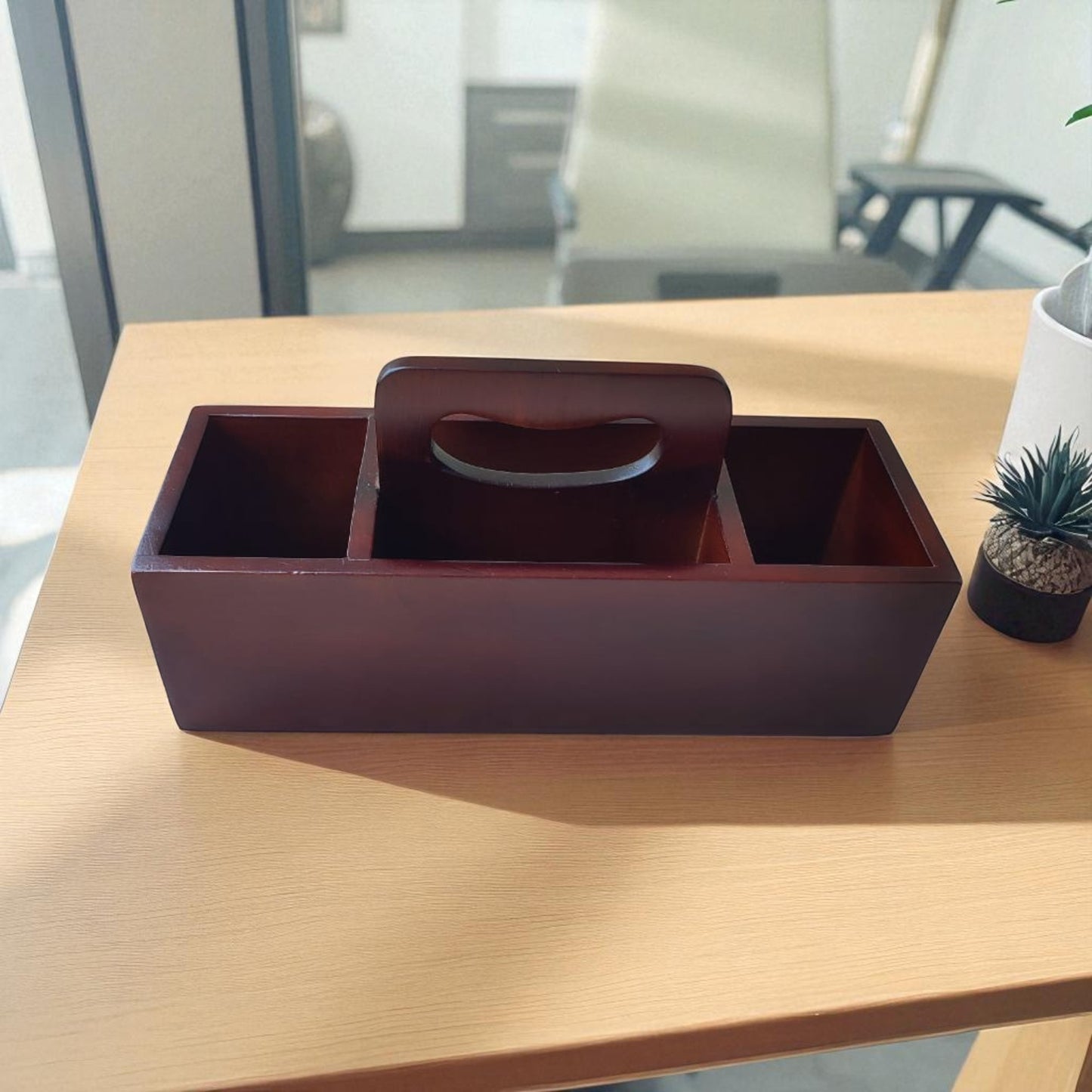 SacredFig Handcrafted Desk Organizer – 14x6 Inch | 4 Compartments | Wooden Storage for Home & Office