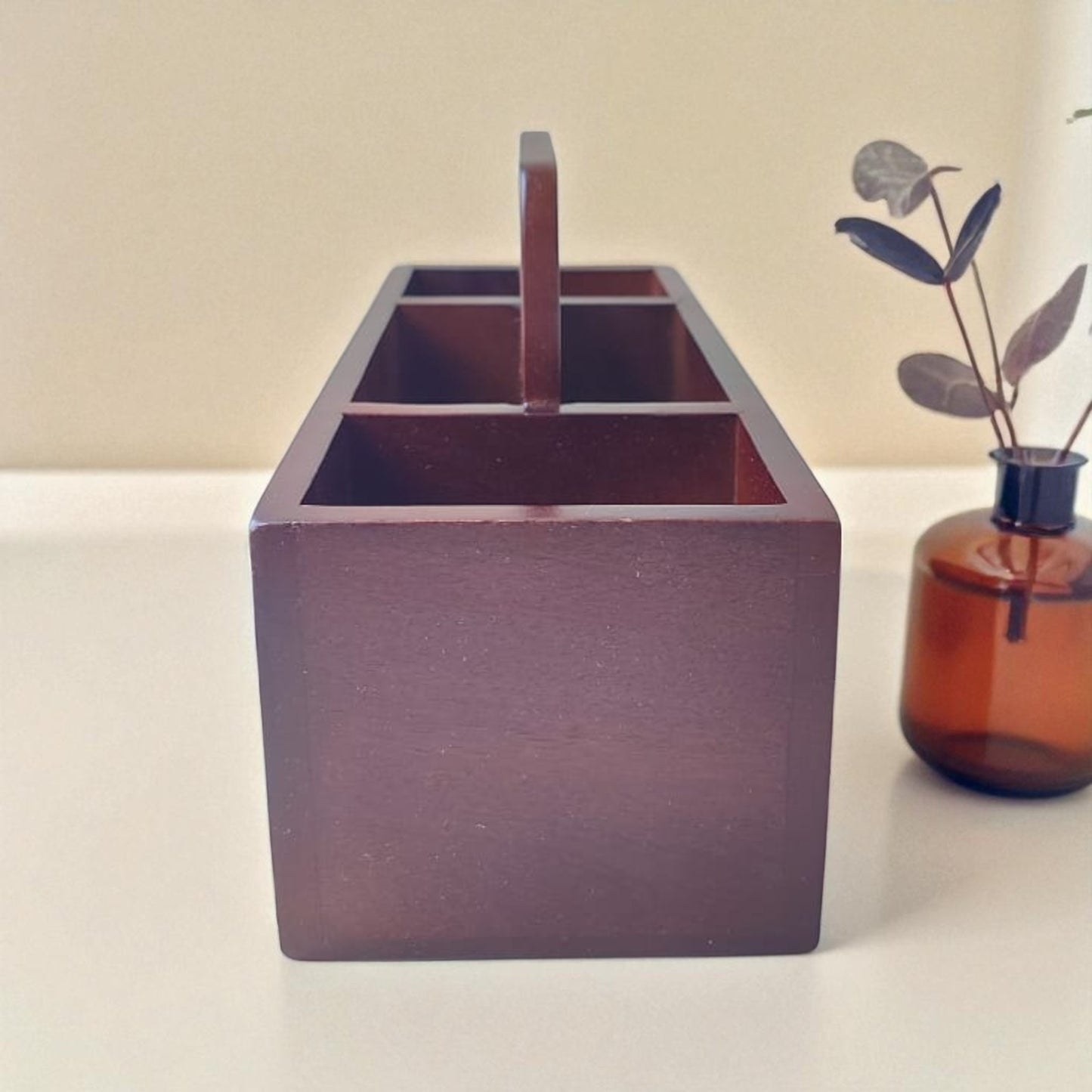 SacredFig Handcrafted Desk Organizer – 14x6 Inch | 4 Compartments | Wooden Storage for Home & Office