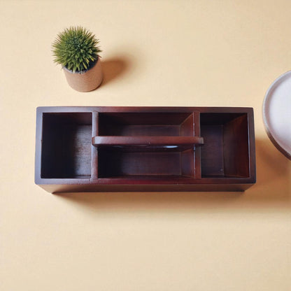 SacredFig Handcrafted Desk Organizer – 14x6 Inch | 4 Compartments | Wooden Storage for Home & Office