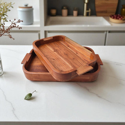 SacredFig Acacia Wood Serving Tray – Set of 2 (Small & Large) | Handcrafted Wooden Trays for Dining & Decor