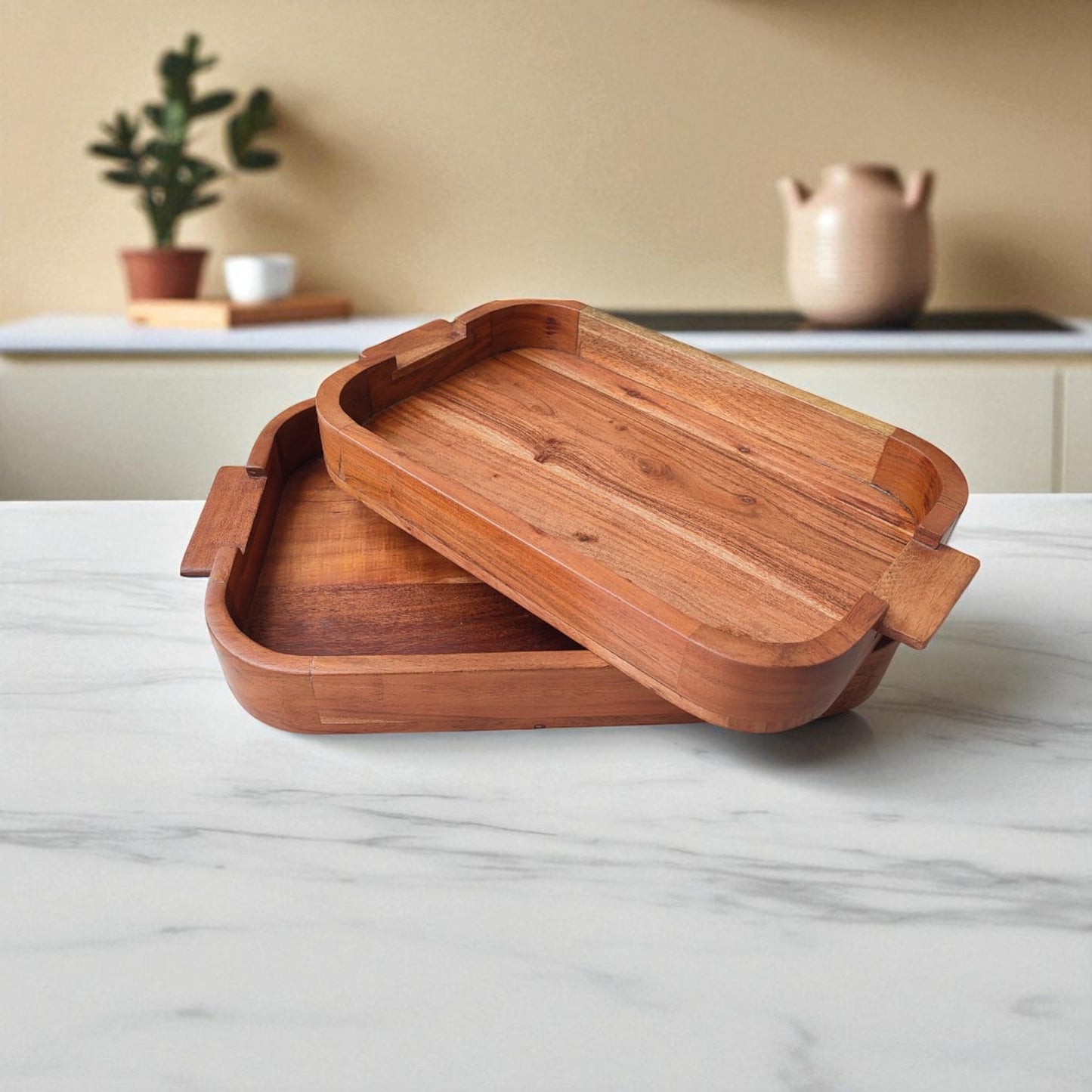 SacredFig Acacia Wood Serving Tray – Set of 2 (Small & Large) | Handcrafted Wooden Trays for Dining & Decor