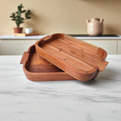 SacredFig Acacia Wood Serving Tray – Set of 2 (Small & Large) | Handcrafted Wooden Trays for Dining & Decor