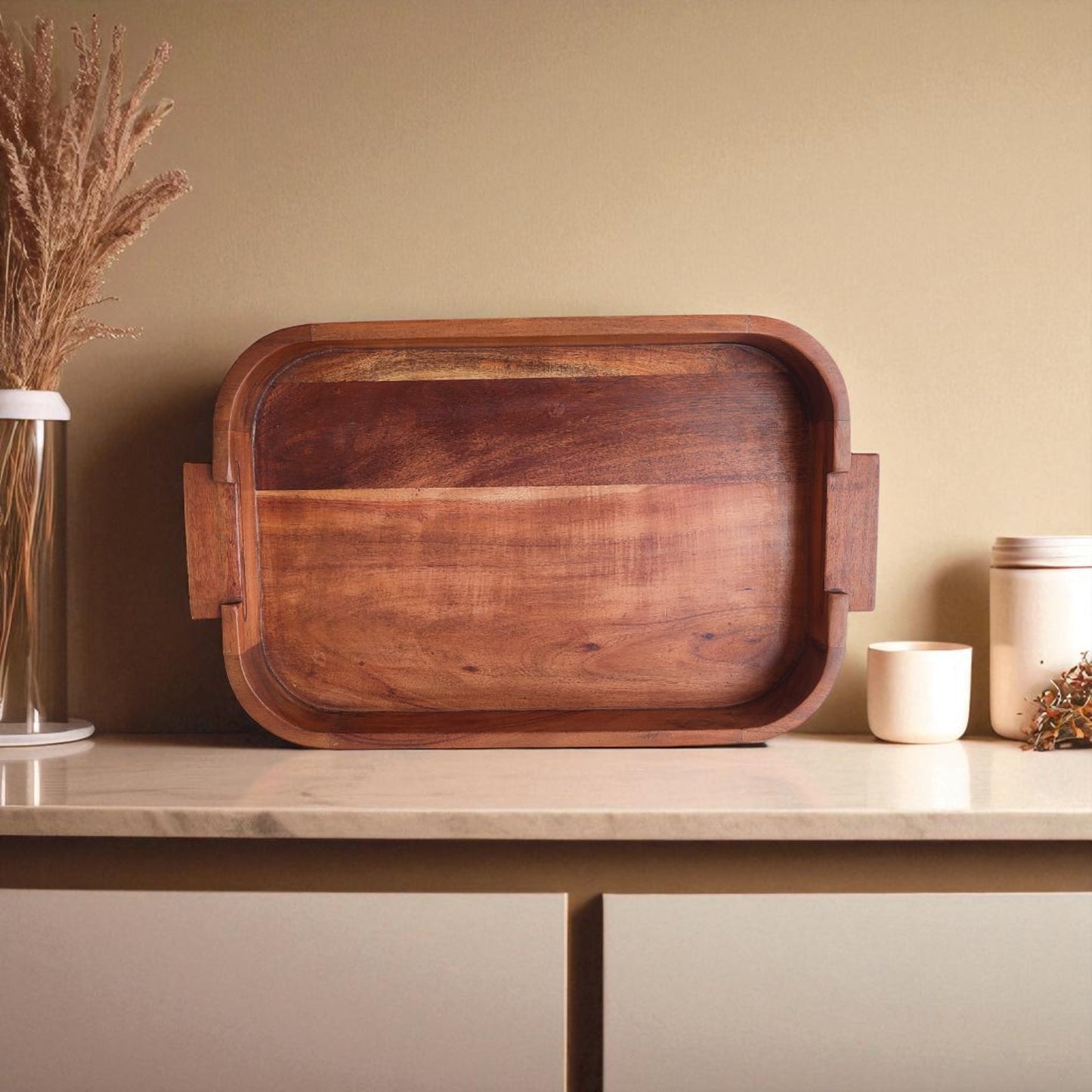 SacredFig Acacia Wood Serving Tray – Set of 2 (Small & Large) | Handcrafted Wooden Trays for Dining & Decor