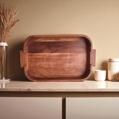 SacredFig Acacia Wood Serving Tray – Set of 2 (Small & Large) | Handcrafted Wooden Trays for Dining & Decor