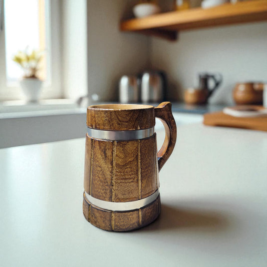 SacredFig Wooden Mug – 350ml | Handcrafted with Silver Ring Detailing | Elegant Rustic Drinkware