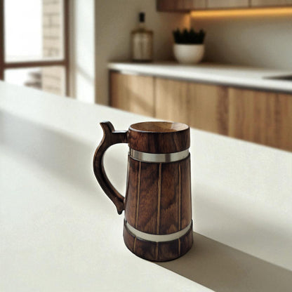 SacredFig Wooden Mug Large – 500ml | Rustic Finish with Silver Ring Detail | Handcrafted Large Beverage Mug