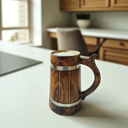 SacredFig Wooden Mug Large – 500ml | Rustic Finish with Silver Ring Detail | Handcrafted Large Beverage Mug