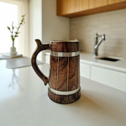 SacredFig Wooden Mug Large – 500ml | Rustic Finish with Silver Ring Detail | Handcrafted Large Beverage Mug