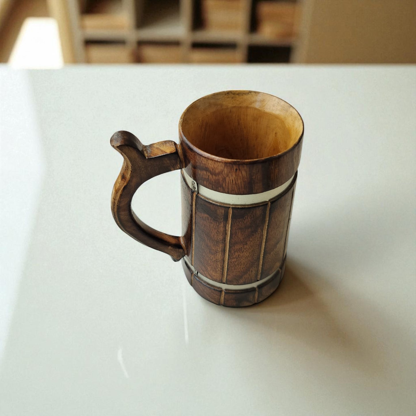 SacredFig Wooden Mug Large – 500ml | Rustic Finish with Silver Ring Detail | Handcrafted Large Beverage Mug