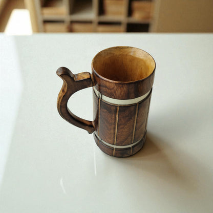 SacredFig Wooden Mug Large – 500ml | Rustic Finish with Silver Ring Detail | Handcrafted Large Beverage Mug