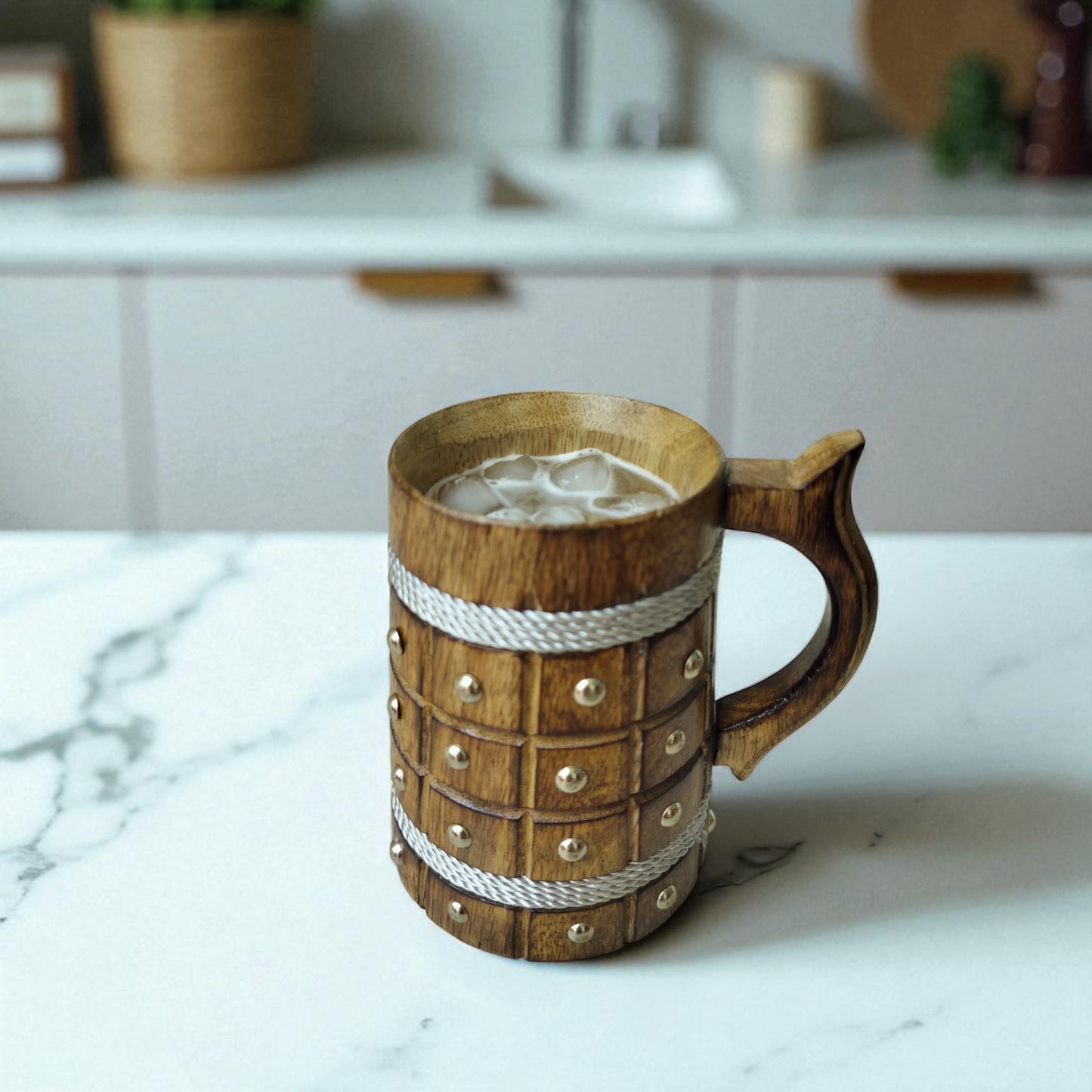SacredFig Wooden Mug – 300 ml | Square checkered pattern with Silver Dots | Handcrafted Rustic Drinkware