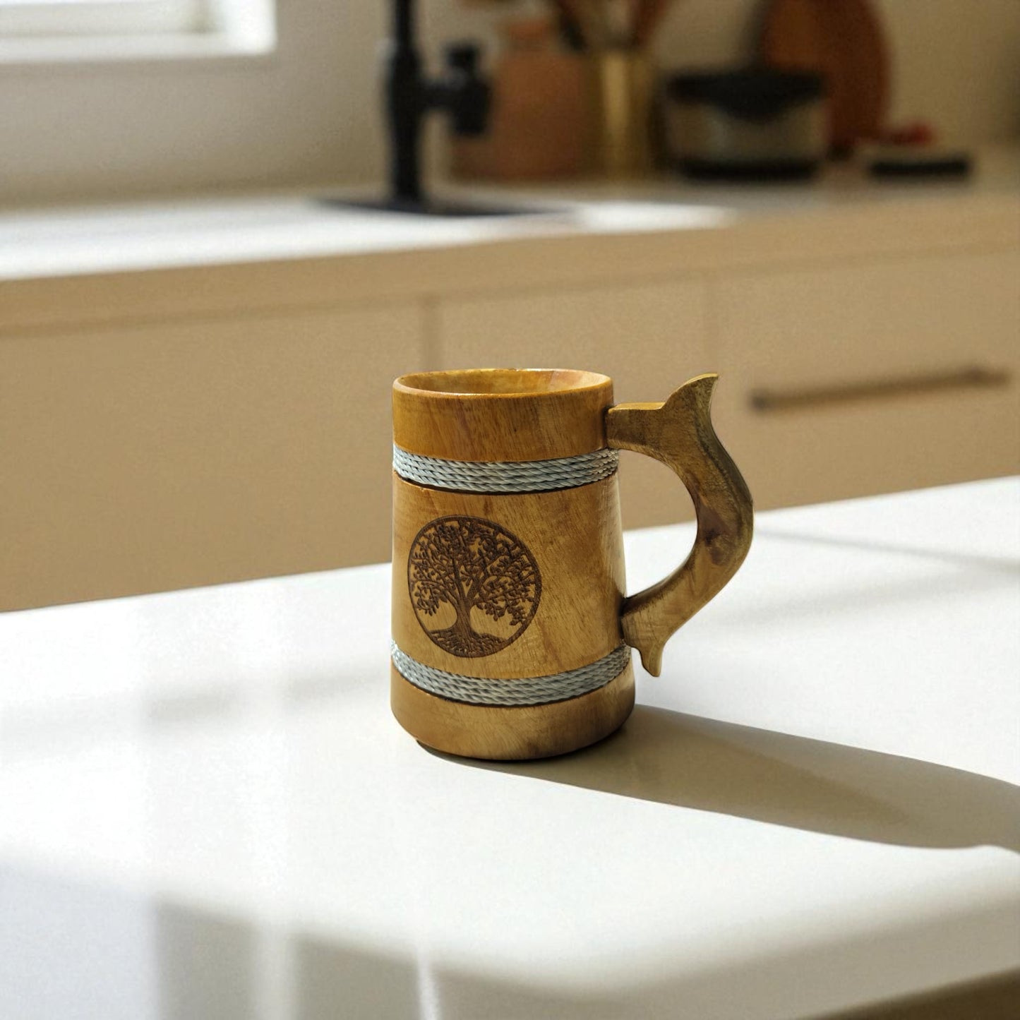 SacredFig Wooden Mug – 300 ml | Tree of Life Engraving with Silver rounds | Handcrafted Rustic Drinkware