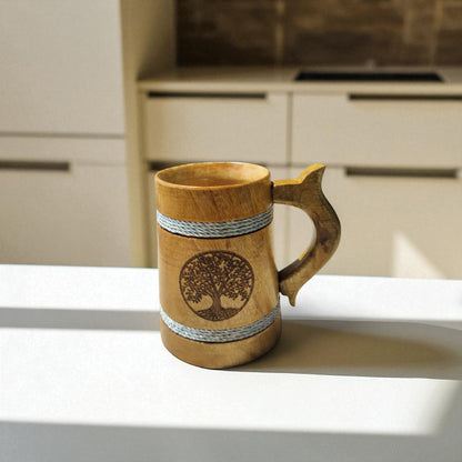 SacredFig Wooden Mug – 300 ml | Tree of Life Engraving with Silver rounds | Handcrafted Rustic Drinkware