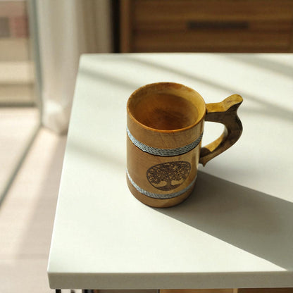 SacredFig Wooden Mug – 300 ml | Tree of Life Engraving with Silver rounds | Handcrafted Rustic Drinkware
