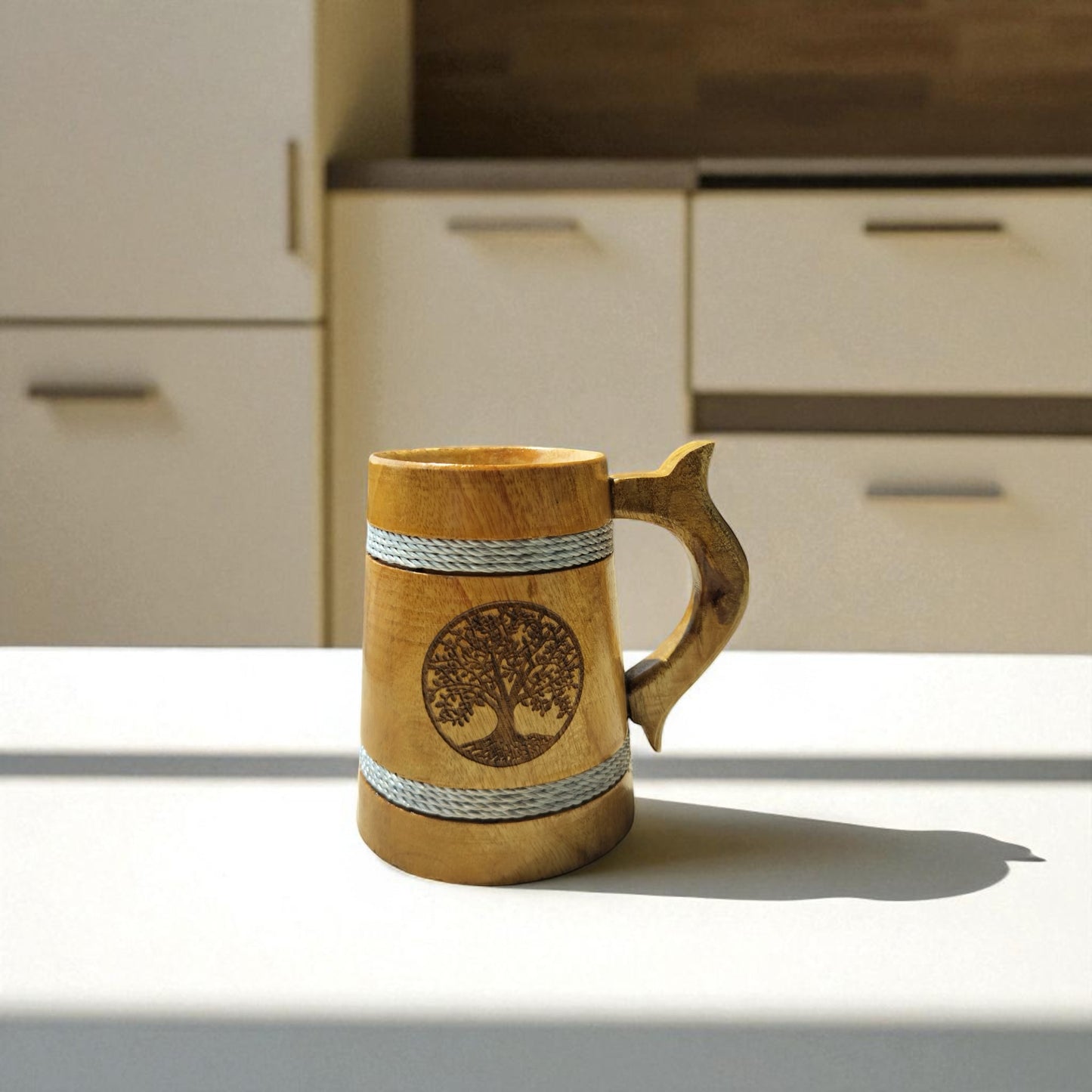 SacredFig Wooden Mug – 300 ml | Tree of Life Engraving with Silver rounds | Handcrafted Rustic Drinkware