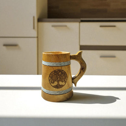SacredFig Wooden Mug – 300 ml | Tree of Life Engraving with Silver rounds | Handcrafted Rustic Drinkware