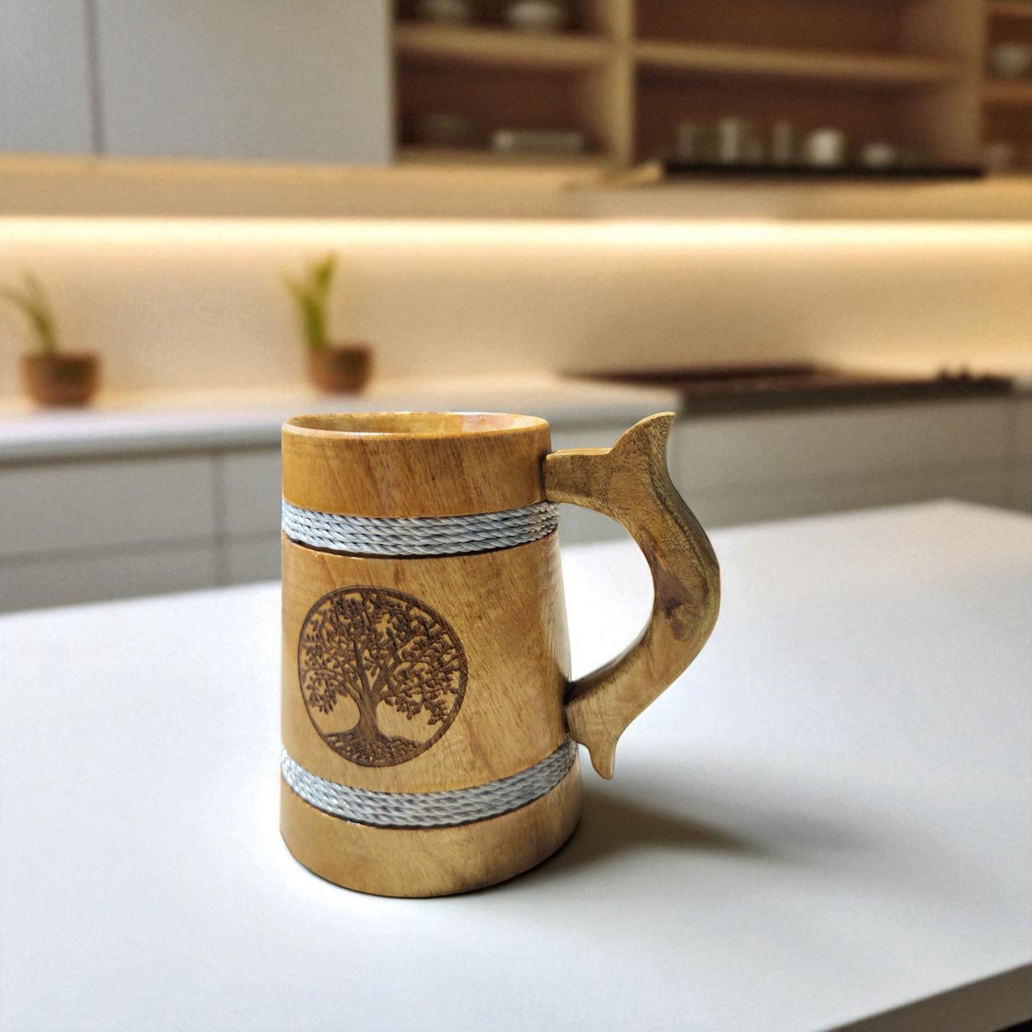 SacredFig Wooden Mug – 300 ml | Tree of Life Engraving with Silver rounds | Handcrafted Rustic Drinkware