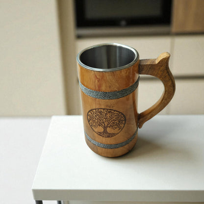 SacredFig Wooden Mug Large with Steel Lining – 500ml | Silver Rings & Tree Engraving | Handcrafted Large Rustic Mug