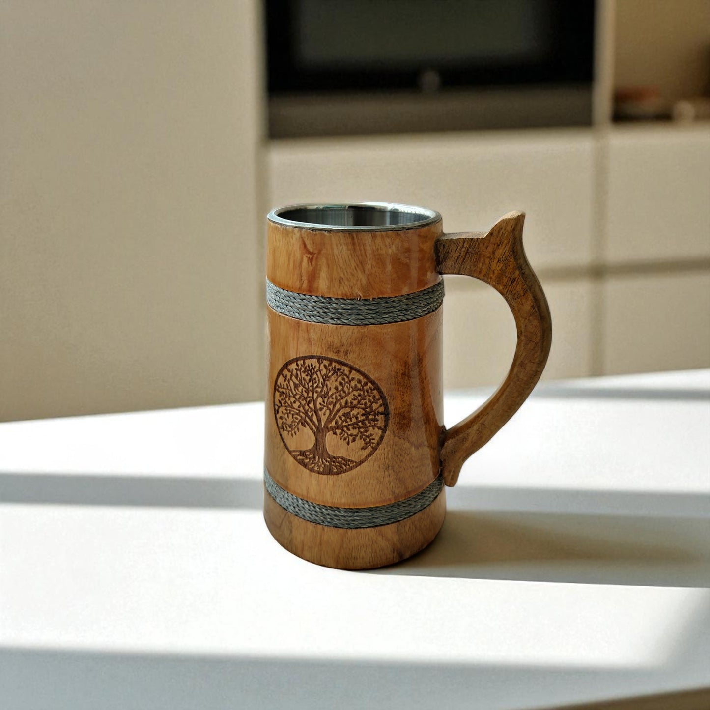 SacredFig Wooden Mug Large with Steel Lining – 500ml | Silver Rings & Tree Engraving | Handcrafted Large Rustic Mug