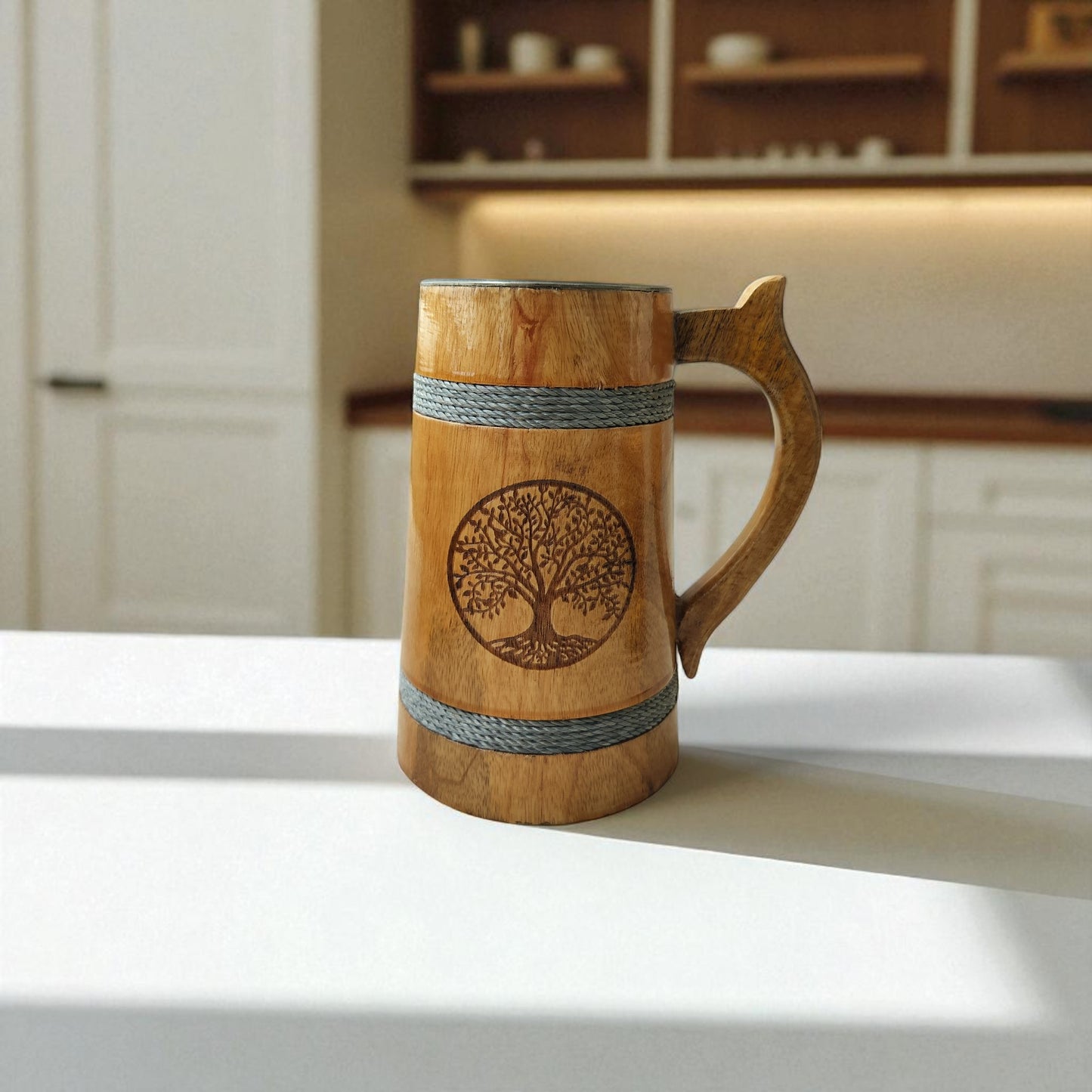 SacredFig Wooden Mug Large with Steel Lining – 500ml | Silver Rings & Tree Engraving | Handcrafted Large Rustic Mug