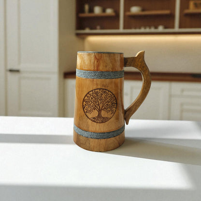 SacredFig Wooden Mug Large with Steel Lining – 500ml | Silver Rings & Tree Engraving | Handcrafted Large Rustic Mug