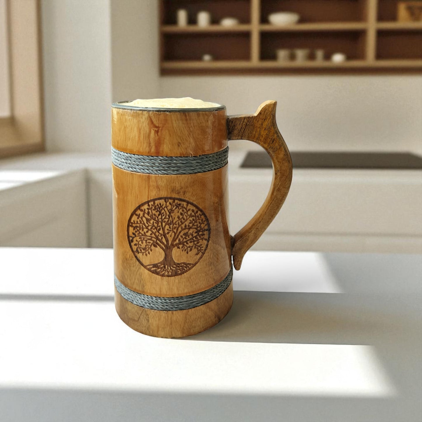 SacredFig Wooden Mug Large with Steel Lining – 500ml | Silver Rings & Tree Engraving | Handcrafted Large Rustic Mug