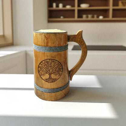 SacredFig Wooden Mug Large with Steel Lining – 500ml | Silver Rings & Tree Engraving | Handcrafted Large Rustic Mug