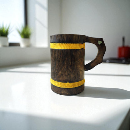 SacredFig Wooden Mug – 350 ml | Rustic Oak Barrel Design with Golden Rounds | Ideal for Hot & Cold Beverages