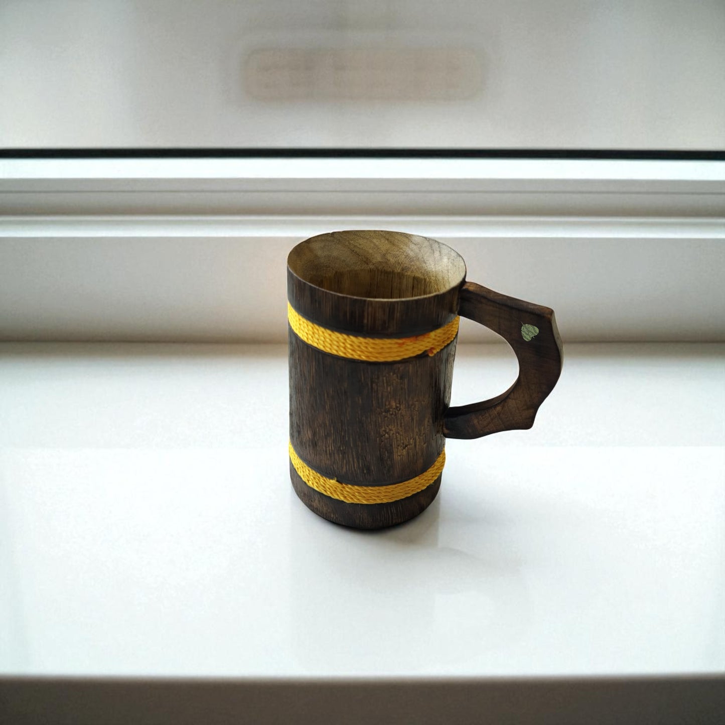 SacredFig Wooden Mug – 350 ml | Rustic Oak Barrel Design with Golden Rounds | Ideal for Hot & Cold Beverages