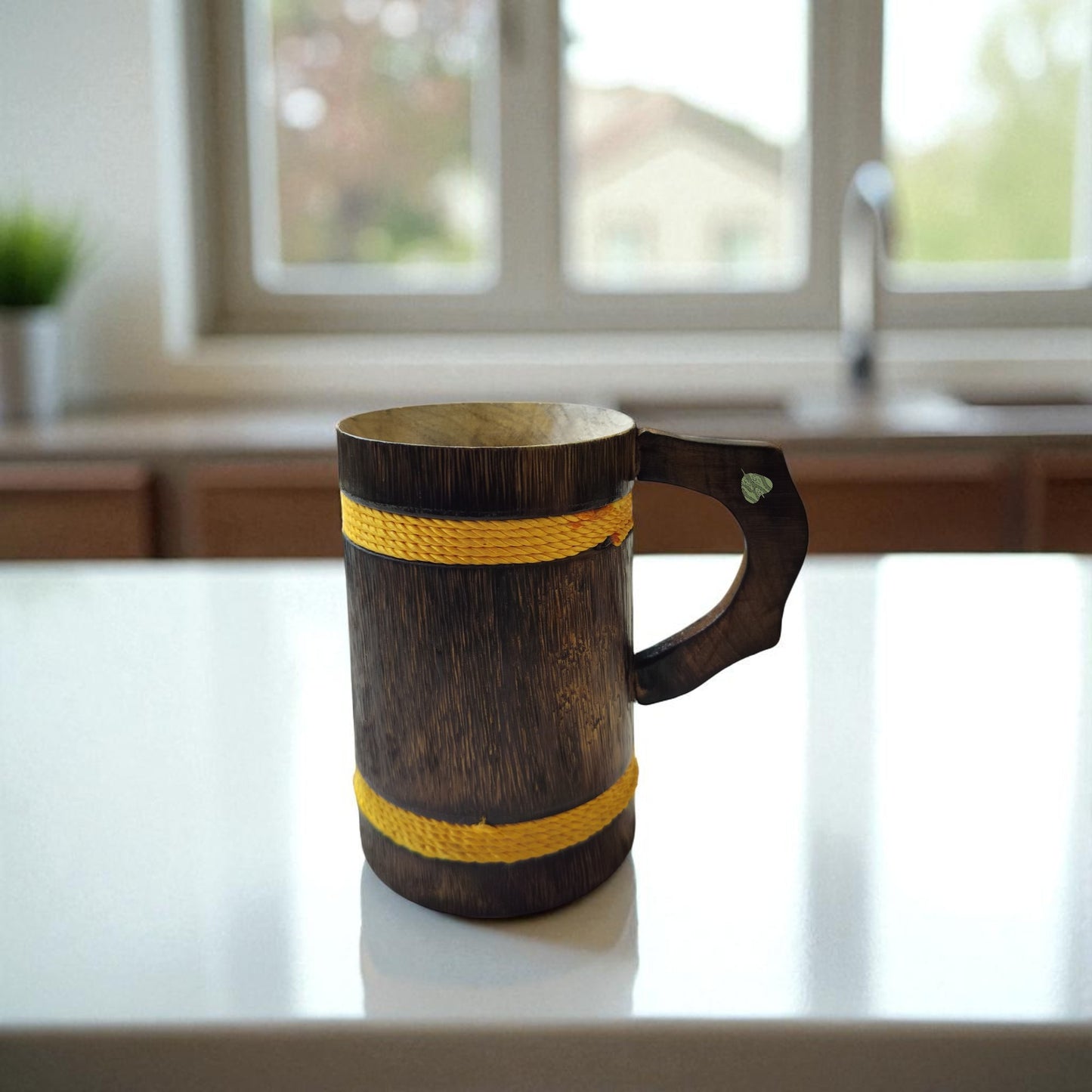 SacredFig Wooden Mug – 350 ml | Rustic Oak Barrel Design with Golden Rounds | Ideal for Hot & Cold Beverages