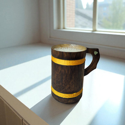 SacredFig Wooden Mug – 350 ml | Rustic Oak Barrel Design with Golden Rounds | Ideal for Hot & Cold Beverages