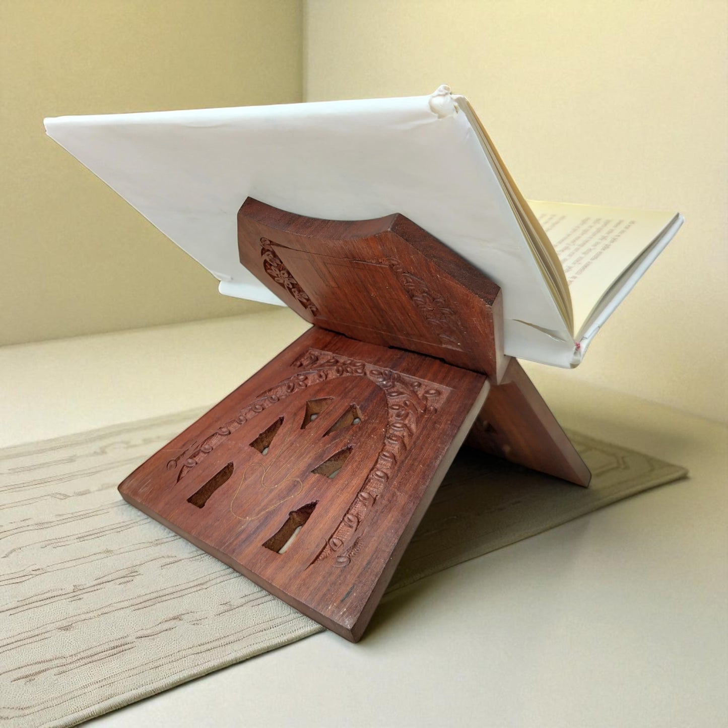 SacredFig Handcrafted Book Holder in Sheesham Wood | Jain Symbol with Brass Inlay | Spiritual & Decorative Book Stand