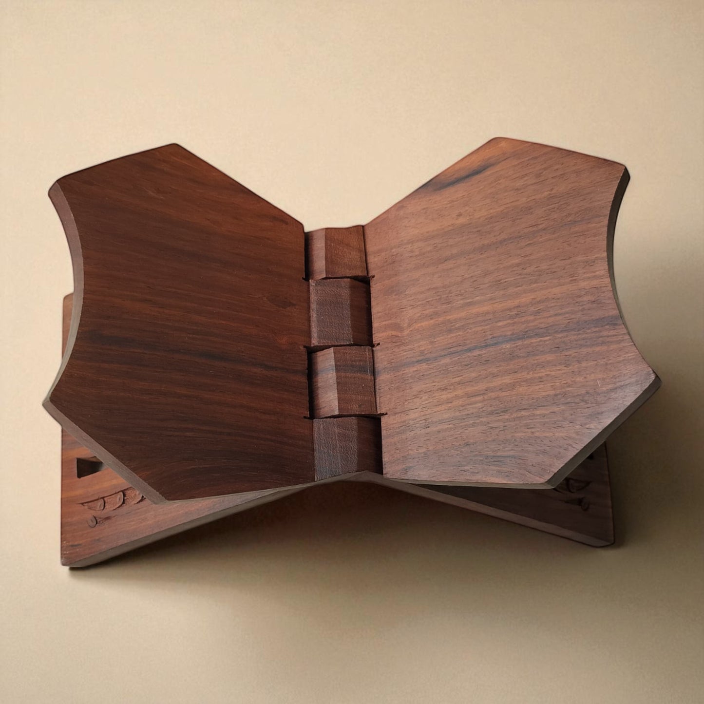 SacredFig Handcrafted Book Holder in Sheesham Wood | Jain Symbol with Brass Inlay | Spiritual & Decorative Book Stand