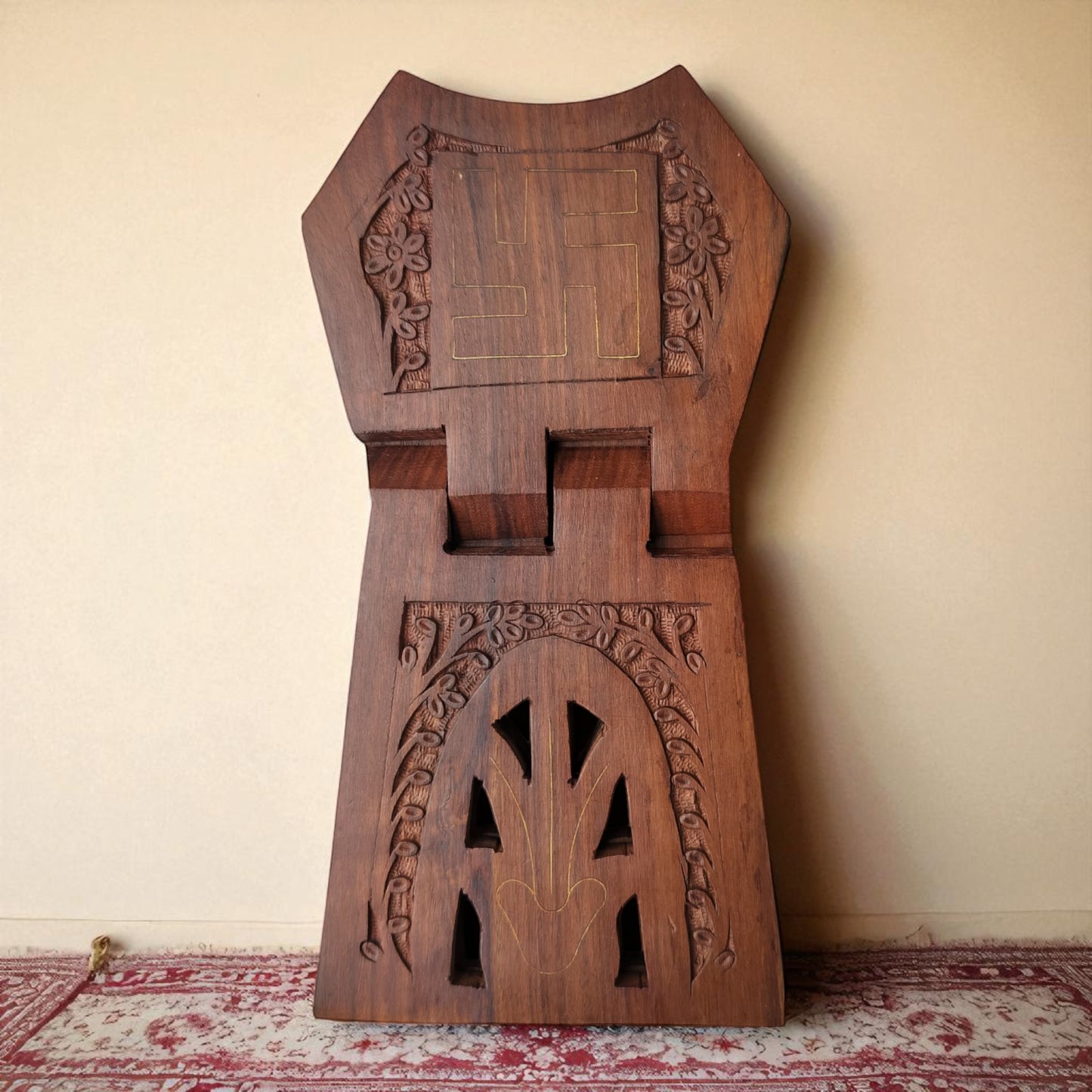 SacredFig Handcrafted Book Holder in Sheesham Wood | Jain Symbol with Brass Inlay | Spiritual & Decorative Book Stand