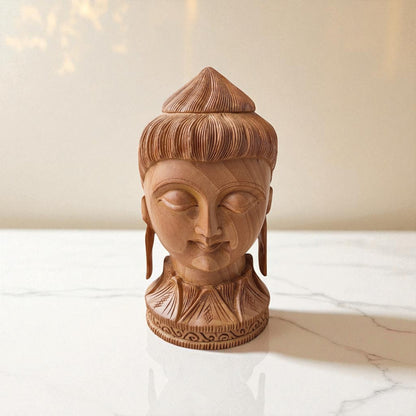 SacredFig Zen Essence Wooden Buddha Head Sculpture | 6.30 in | Handcrafted Home & Meditation Decor